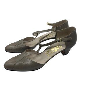 Vtg Salvatore Ferragamo Women Taupe Leather T-Strap Heels Size 8.5 AAAA